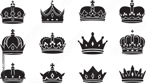 Obraz na plátne Royal crown silhouettes, 12 heraldic king icons, black vector set