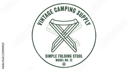 Vintage Camping Supply Logo: Simple Folding Stool, Retro Outdoor Gear Emblem