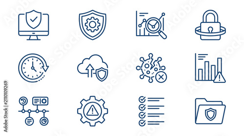 Creative Minimalist Line Icons Set Featuring Cybersecurity Cloud Data Analysis and System Monitoring Concepts in Blue
