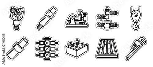 Set of black and white oilfield equipment icons featuring a drill bit, pump, wellhead, and other industrial tools for the petroleum extraction industry in a simple line art sticker style