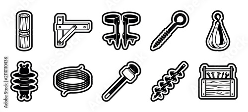 Collection of ten black and white hardware and utility icons for construction, featuring a toolbox, insulator, auger, and lineman climbing spurs in a bold graphic sticker style