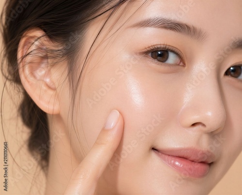 Close up portrait of a young woman touching her smooth glowing clean skin on her face with skincare