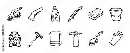 Hand-drawn cleaning equipment icon set illustration with various tools like a brush, sponge, detergent, bucket, and glove in a simple black and white doodle art style for housekeeping
