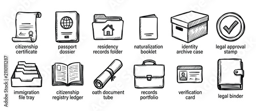 Hand-drawn citizenship and immigration icon set with legal documents like a passport, certificate, and residency folder, rendered in a simple black and white doodle sketch style