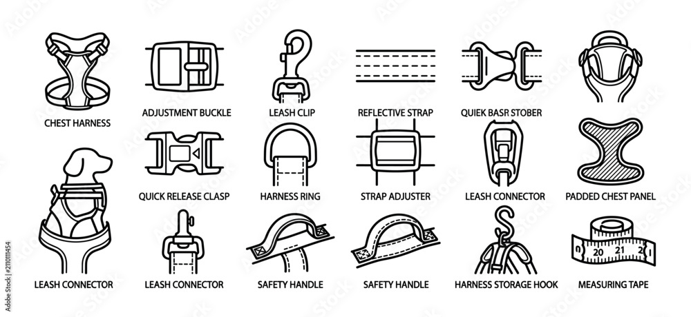 Fototapeta premium Dog harness features and accessories icon set showing various components like the chest panel, leash clip, buckle, and safety handle in a black and white line art style