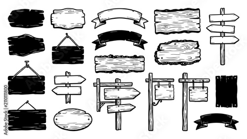Hand drawn wooden sign vector set with rustic signposts banners and hanging boards for directional design