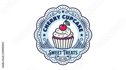 Vintage Cherry Cupcake Logo - Sweet Treats Bakery Emblem