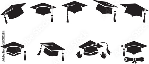 Konstfotografi Graduation cap icons, 9 black academic mortarboard vector set