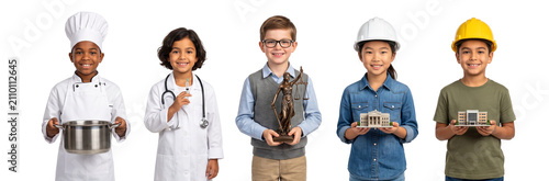 Diverse kids dressed as professionals, dreaming of future careers