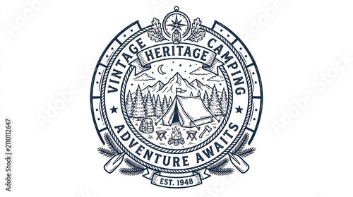 Vintage Retro Camping Emblem: Mountains, Tent, Forest, Adventure Awaits