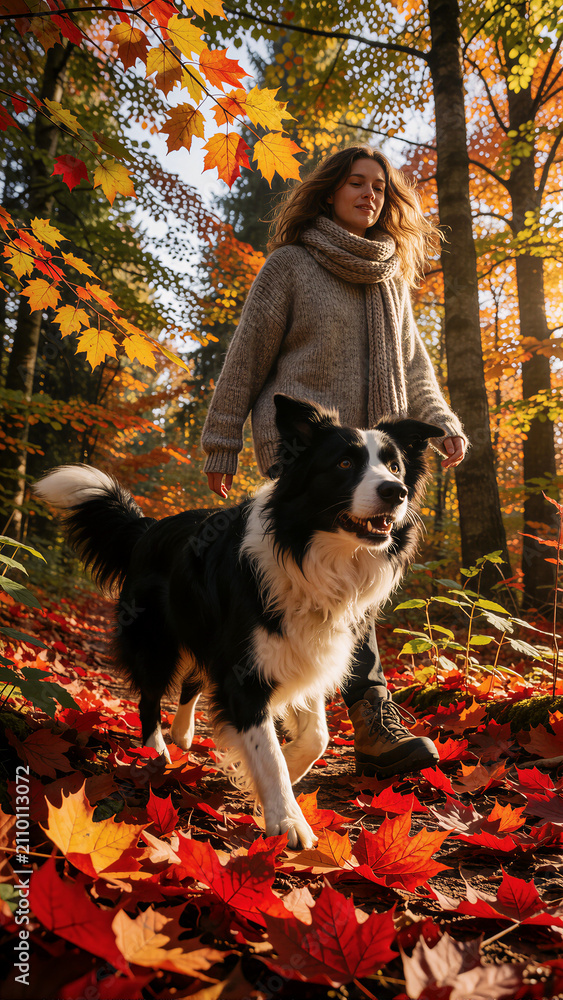 Obraz premium Eine sportliche Frau spaziert mit ihrem Border Collie durch einen herbstlichen Wald voller bunter Blätter. Die warme Herbststimmung und die Bewegung des Hundes stehen im Mittelpunkt.KI Generiert