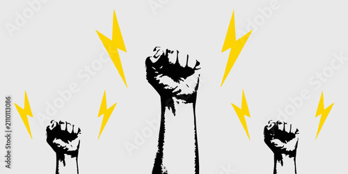Canvastavla Raised Fists With Lightning Bolts Black Silhouette Against Light Gray Background