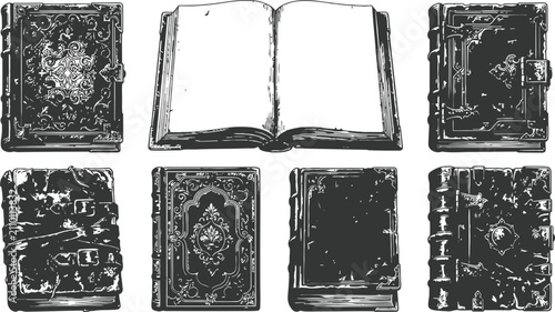Принти на полотні Collection of antique hardcover books with ornate bindings and an open tome disp