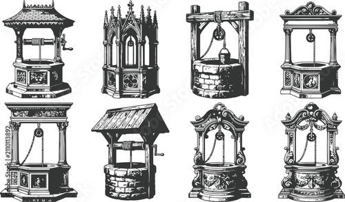 Картината върху платно Collection of antique well designs in detailed vintage engraving style with intr