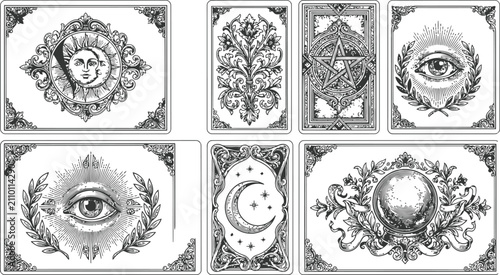 Quadro su tela Esoteric symbols and celestial motifs on vintage tarot cards with ornate borders