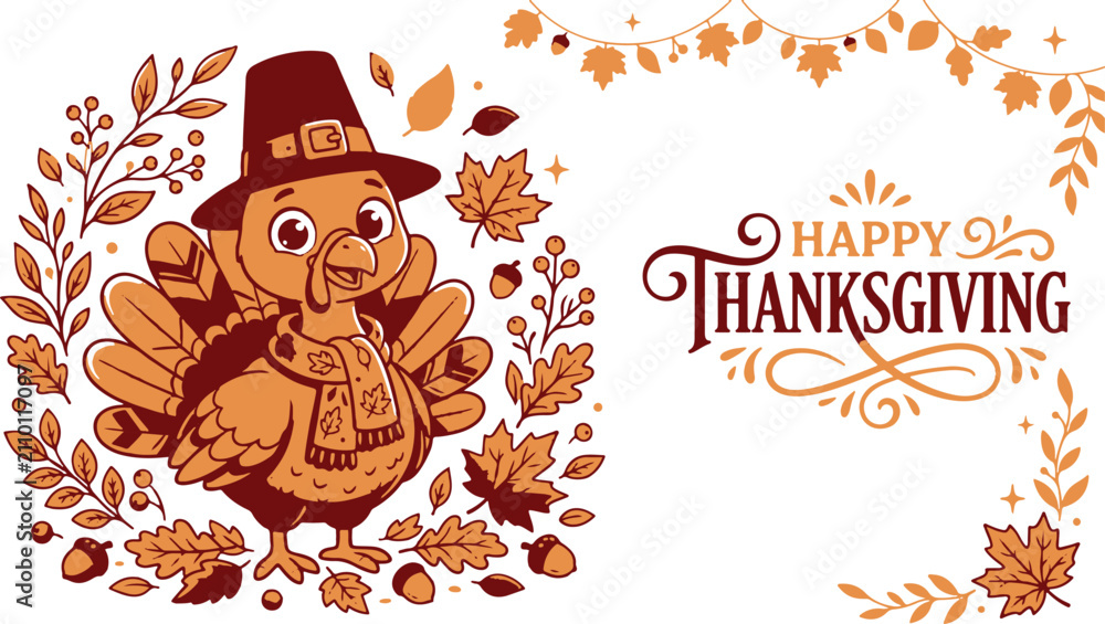 Naklejka premium Cute cartoon turkey wearing a pilgrim hat surrounded by autumn leaves for a festive thanks giving holiday celebration