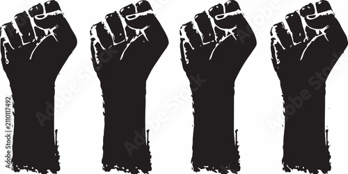 Foto Four Raised Fists Black Silhouette Vector Illustration On White Background