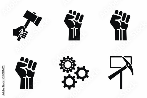 Labor And Protest Silhouette Icons Set On A White Background