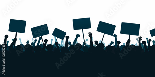 Crowd Silhouette With Raised Hands And Signs Against A White Background