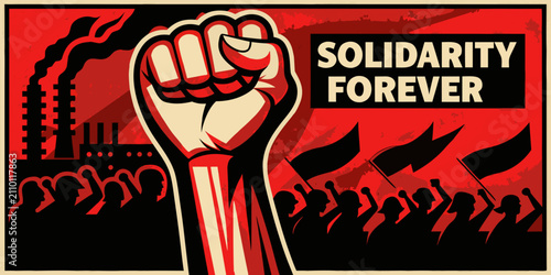 Konstfotografi Raised Fist And Factory Silhouette In Constructivist Style Propaganda Poster