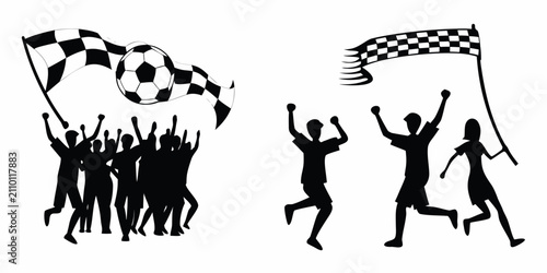 Obraz na płótnie Sports fan silhouettes with checkered flag and soccer ball black vector illustra