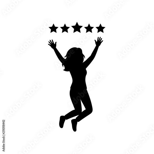 Slika na platnu Jumping Person Silhouette With Five pointed Stars On White Background