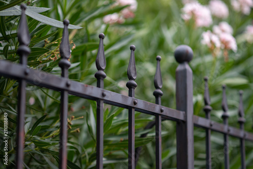 Decorative black wrought iron fence with pointed finials and lush green foliage background