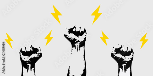 Raised Fists And Lightning Bolts Black Silhouette On Light Gray Background