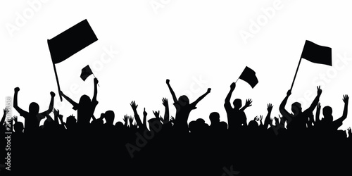 Fotografija Crowd Silhouette With Raised Arms And Flags Against A White Background