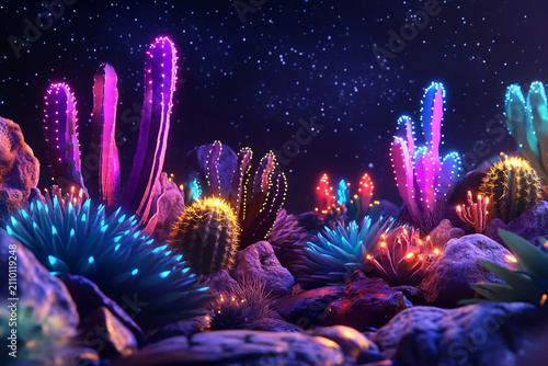 Neon cactus plants in a glowing desert landscape at night
