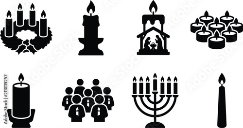 Obraz na płótnie Candle and Light Ceremony Icon Set with Menorah, Advent Wreath, and Memorial Vig