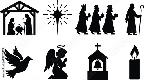 Foto Christmas Nativity Scene Icon Set with Holy Family, Three Wise Men, Star of Beth
