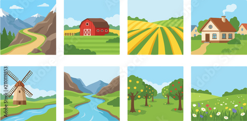 Bild auf Leinwand Countryside landscape vector illustrations featuring mountains, barn, crop field