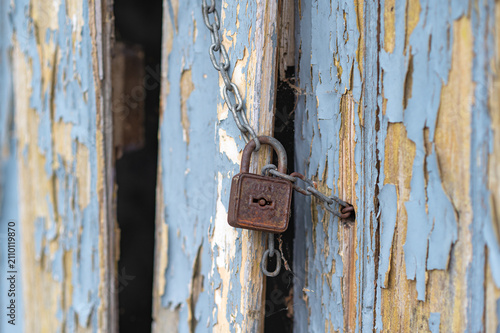 Rusty padlock secured with chain on weathered blue wooden doors with peeling paint
