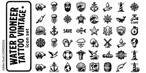 Fotografie Water Pioneer Tattoo Vintage Black White-Wave Crest Banner Ocean Shield-Heritage