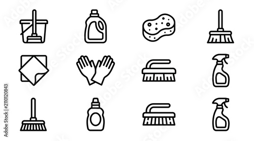 Foto Cleaning supplies icons: bucket, mop, spray bottle, gloves, sponge, brush, cloth