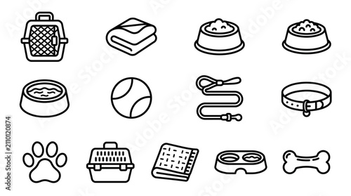 Schilderij op canvas Pet Care Icons Set: Carrier, Bowls, Leash, Collar, Ball, Towel, Paw Print, Bone