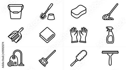 Schilderij op canvas Collection of cleaning tools icons - bucket, brush, mop, vacuum, spray bottle, g
