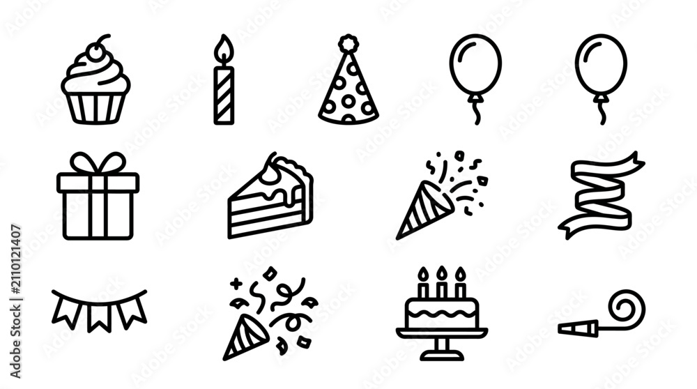 Fototapeta premium Birthday Party Icons Set: Cupcake, Candle, Hat, Balloons, Gift, Cake, Confetti, Ribbon, Bunting