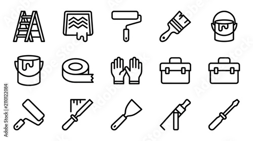 Home Renovation Tools Icons Set: Painting, Repair, DIY Supplies - Vector Icons
