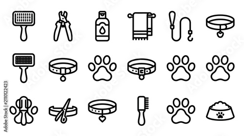 Φωτογραφία Pet Grooming Icons Set: Brush, Nail Clippers, Leash, Collar, Paw Print, Food Bow