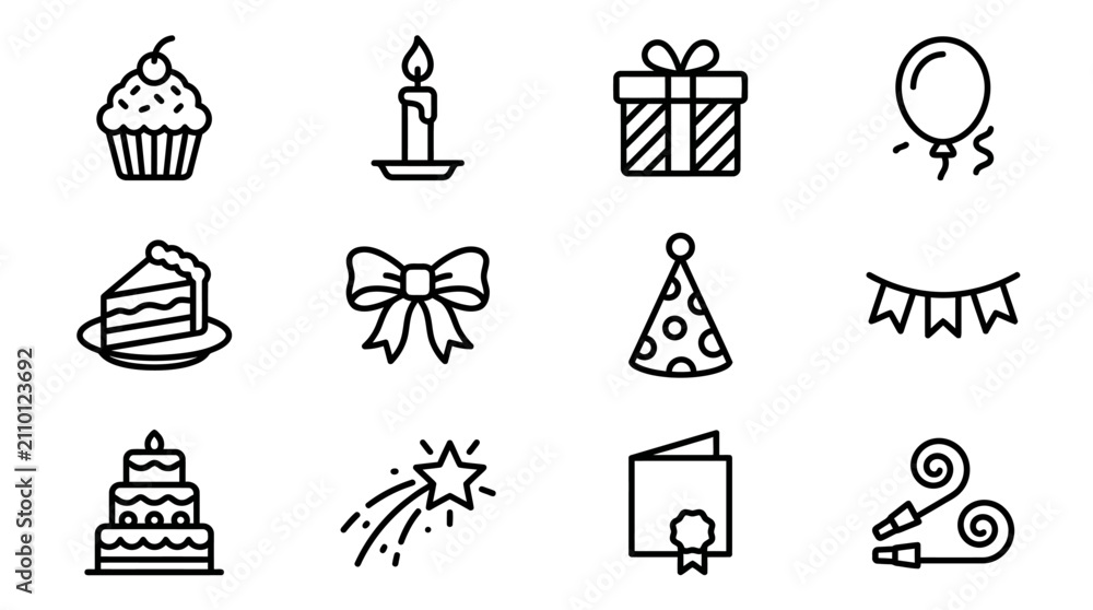 Fototapeta premium Birthday Party Icons Set: Cake, Cupcake, Candle, Gift, Balloon, Hat, Bunting Flags