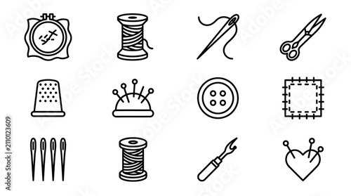Fotografie Sewing Icons Set: Embroidery Hoop, Thread Spools, Needle, Scissors, Thimble, Pin