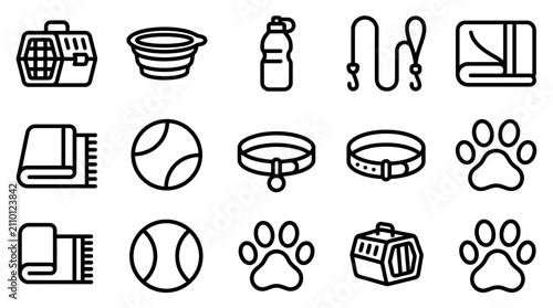 Photos Pet Accessories Collection Icon Set: Carrier, Bowl, Bottle, Leash, Towel, Ball,