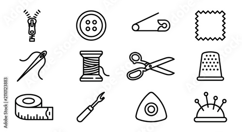 Fotografie Sewing Icons Set: Zipper, Button, Scissors, Needle, Thread, Tape Measure, Thimbl