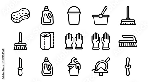 Schilderij op canvas Home Cleaning Supplies Icons: Sponge, Detergent, Bucket, Broom, Gloves, Brush, P