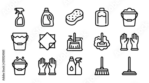 Schilderij op canvas Household Cleaning Supplies Icons: Spray Bottle, Bucket, Gloves, Sponge, Mop, Br