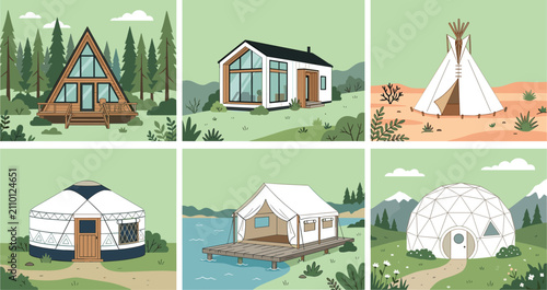 Glamping accommodation types featuring modern cabin wooden yurt geodesic dome and teepee in natural landscape