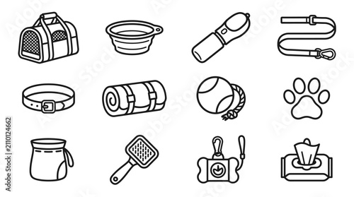 Tableau sur toile Pet Care Essentials Icons: Travel Carrier, Bowl, Leash, Collar, Brush, Toys, Paw