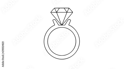 Elegant hand-traced vector icon illustration of a diamond solitaire ring with geometric faceted gemstone and circular band, ideal for jewelry, engagement, and luxury lifestyle branding